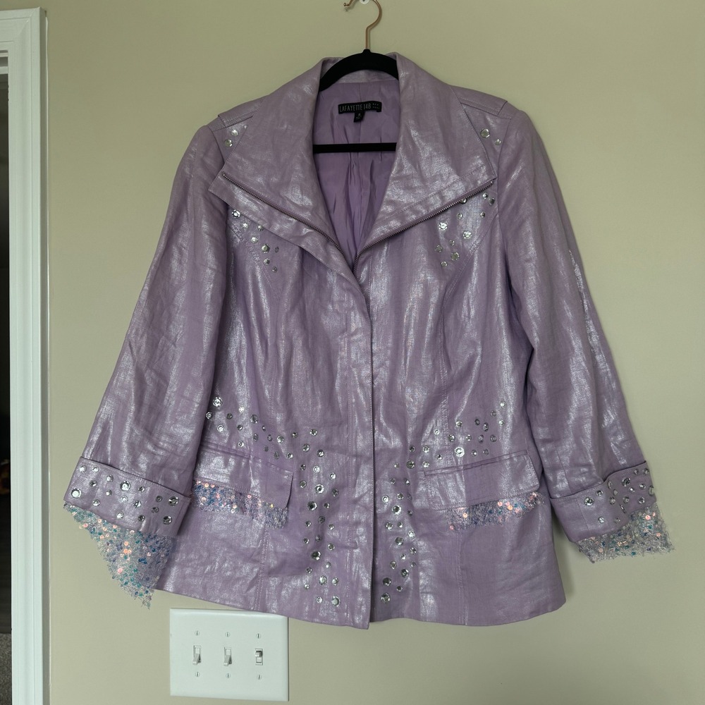 Lafayette 148 New York Metallic Linen Rhinestone Sequin Jacket Lavender 16